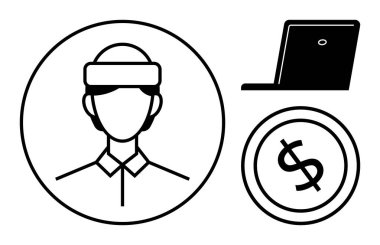 Çemberin içinde bir kafa tasviri, dizüstü bilgisayar aygıtı ve dolar parası. Dijital ekonomi, çevrimiçi işler, e-ticaret, uzak çalışma, serbest finansal teknoloji girişimciliği için idealdir. Düz basit metafor