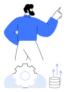 Bulut depolama teçhizatı ve veri simgeleriyle yukarı doğru hareket eden bir adam. Liderlik için ideal, yenilik, otomasyon, ilerleme, teknoloji, büyüme, karar verme. Düz basit metafor