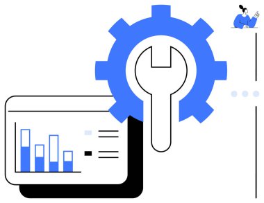 Büyük vites ve anahtar simgesinin yanında analitiği, yapılandırmayı ve çözümleri temsil eden grafik çubuğu çizelgesi. Teknoloji, iş planlaması, optimizasyon, problem çözme, yazılım araçları, veri