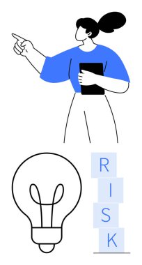 Elinde bir pano tutan bir kadın, yaratıcılık metaforu olarak büyük bir ampul çizgisi ve RISK 'i heceleyen istiflenmiş bloklar. Liderlik için ideal, yenilik, strateji, iletişim, risk