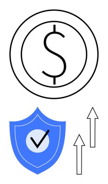 Çember içinde dolar işareti, işaretli mavi kalkan ve yukarı doğru iki ok güvenlik, ilerleme ve ekonomik büyüme gösteriyor. Finans, sigorta, güvenlik, yatırım ilerlemesi için ideal başarı