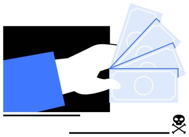 Kafatası ve çapraz kemikler eşliğinde para teklif ediyorlar. Finans, ekonomi, etik, risk, kriz, yolsuzluk sorumluluğu için idealdir. Düz basit metafor