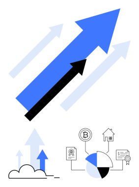 Mavi oklar bulutun üstündeki iş büyümesini temsil ediyor. Kripto para birimi, pasta grafiği, emlak ve sertifika ikonları veri analizi, yenilik, finans ve yükselen eğilimleri iletir. İdeal