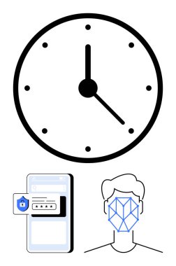 Analog saat, yüz tanıma maskesi, güvenlik doğrulamalı mobil cihaz. Siber güvenlik, kimlik, biyometreler, zaman yönetimi, dijital güvenlik, kullanıcı gizliliği için ideal