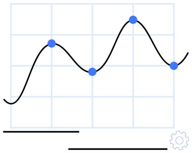 Mavi veri noktaları ve ızgara yerleşimine sahip eğri çizgi grafiği büyümeyi, dalgalanmayı, eğilimleri sembolize ediyor. Analiz, iş raporu, istatistik, planlama ve araştırma dijital stratejisi için ideal