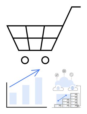 Alışveriş arabası, ok ile yükselen bar çizelgesi, simgeler ve sunucularla bulut hesaplaması. E-ticaret, analitik, bulut depolama, teknoloji, büyüme, satış stratejisi için ideal düz bir metafor