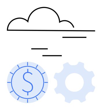 Para birimi sembolü ve dişli ikonu üzerindeki bulut elemanı ekonomik büyümeyi, optimizasyonu ve teknoloji entegrasyonunu sembolize ediyor. Bulut hesaplama, finans, otomasyon, tasarruf, verimlilik için ideal