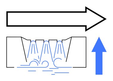 Su şeması yukarı ve ileri doğru mavi oklarla bir kontrol yapısında taşar. Su yönetimi, mühendislik, sıvı dinamiği, öğretim, altyapı tasarımı, akış için ideal