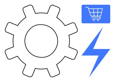 Verimliliği, online alışverişi ve yeniliği sembolize eden mavi bir alışveriş arabası ve yıldırımın yanında vites ana hatları. E-ticaret, hız, otomasyon, teknoloji, lojistik enerji için ideal
