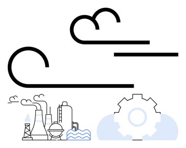 Duman yayan fabrika, enerji geçişini sembolize eden teçhizat, soyut rüzgar çizgileri. Sürdürülebilirlik, kirlilik, enerji, iklim değişikliği, teknoloji, endüstriyel yenilik için ideal