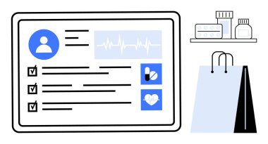 Yaşam belirtileri, ilaç bilgileri, kontrol listesi, haplar, alışveriş torbası olan bir dijital ekranda kişisel sağlık profili gösteriliyor. Sağlık teknolojisi, teletıp, eczane teslimatı, online alışveriş için ideal