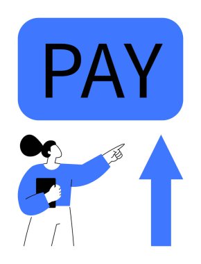 Tablet puanlarını yukarı doğru oklu büyük ödeme düğmesinde tutan kadın. Ödeme, finans, e-ticaret, dijital işlemler, çevrimiçi hizmetler, teknoloji, ilerleme kavramları için ideal. Düz basit metafor