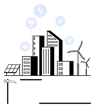 Binalar, güneş panelleri, rüzgar türbinleri, enerji, bağlantı ve ekolojik çözümler için teknoloji simgeleri olan kentsel ufuk çizgisi. Akıllı şehir için ideal, yeşil enerji, yenilik sürdürülebilirlik eko şehir planlaması