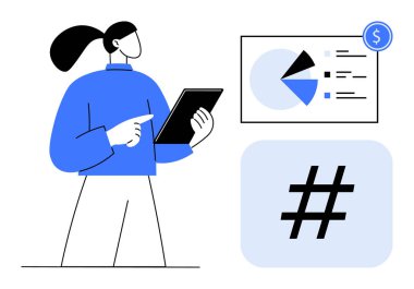 Elinde pasta grafikleri ve analizleriyle tablet tutan kadın sosyal medyayı sembolize eden yan meta veri etiketi elemanı. Pazarlama, strateji, veri analizi, teknoloji, sosyal medya eğilimleri, finans, daire için ideal