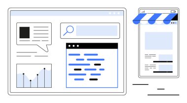Tarayıcı penceresinde analitik çizelge, arama çubuğu ve web sayfası içeriği vardır. Bitişik mobil ekran çevrimiçi mağaza önü gösteriyor. Dijital strateji, UX tasarımı, pazarlama, SEO, e-ticaret analizleri için ideal