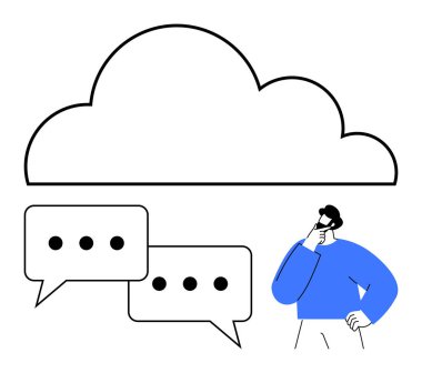 İki konuşma baloncuğu olan büyük bulut ve düşünceli bir insan bulut depolama, iletişim ve işbirliği anlamına gelir. Teknoloji, yenilik, dijital veri, bağlantı ve uzak çalışma için ideal