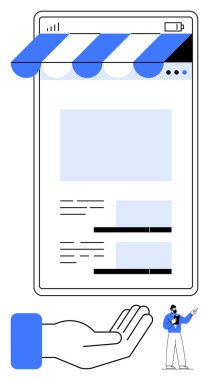 Tenteli uygulama ekranı, ürün kategorileri ve el desteği. Çevrimiçi perakende satış, iş stratejisi, destek hizmetleri, müşteri ilişkileri, kullanıcı arayüzü tasarımı, dijital