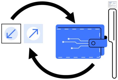 Devre desenli mavi elektronik cüzdan ve işlem akışını gösteren iki eğri ok. Kare yönlü düğmeler içerir. Finans, fintech, e-ticaret, dijital ödeme, bankacılık için ideal