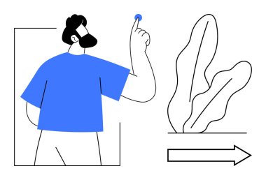 Mavi gömlekli sakallı adam küçük mavi nokta, büyük yaprak çizimi ve ileri ok ile meşgul. Yenilik, yaratıcılık, karar verme, ilerleme, yön, dijital etkileşim için ideal