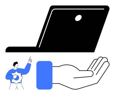 Minimalist tasarım dizüstü bilgisayarı destekleyen bir el ve işaret eden bir hareketle vites tutan birini gösteriyor. Teknoloji, yenilik, takım çalışması, üretkenlik, destek, hizmet ve dijital için ideal