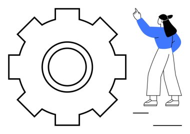 Kadın, takım çalışmasını, sistem verimliliğini ve işlem yönetimini sembolize eden büyük bir dişli çarkına doğru hareket ediyor. Çalışma akışı, teknoloji, strateji, üretkenlik, mühendislik, yenilik için ideal basit
