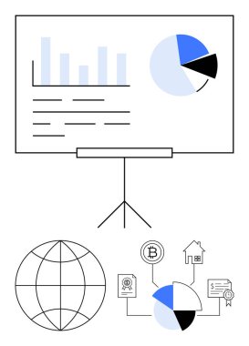 Sunum ekranında bar ve pasta grafikleri, küresel ağ illüstrasyonu, engelleme bileşenleri, ev ve sertifika. İş, finans, veri analizi ve eğitim stratejisi için ideal