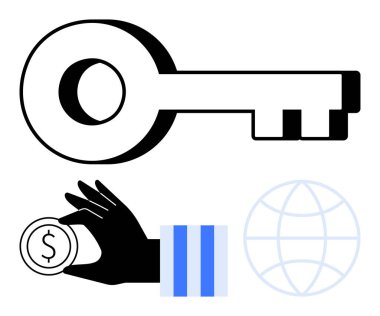 Elinin üstünde para tutan büyük anahtar, zenginliği, finansal istikrarı ve fırsatları temsil eden basit bir dünya çizgisi. Finans, iş, yatırım, küresel ekonomi güvenliği büyüme değeri için idealdir. Düz