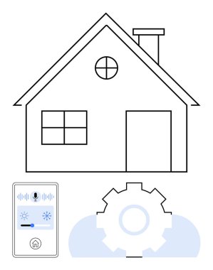 Penceresi, kapısı, vitesi otomasyonu ve akıllı telefon kontrol fonksiyonlarını sembolize eden bir ev. Teknoloji, otomasyon, IOT, akıllı yaşam, ev yönetimi enerji verimliliği yeniliği için idealdir. Düz