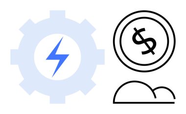 Enerji için yıldırımlı vites, finans için dolar işareti olan bozuk para, basit bulut çizgisi. Enerji, teknoloji, finans, yenilik, bulut hizmetleri maliyet verimliliği sürdürülebilirliği için idealdir. Düz