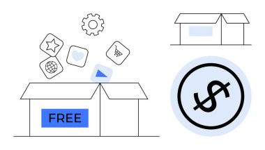 FREE etiketli açık kutu. Yıldız, dişli, kalp, dünya gibi uygulama simgeleri salıyor. Dolar işareti çemberi değeri gösteriyor. Pazarlama, dijital hizmetler, yazılım, promosyon için idealdir.