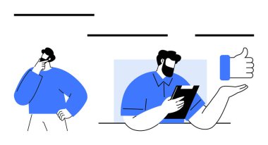 Elleri çenesinde düşünen bir adam ve parmakları havada bir pano daha. Karar verme, üretkenlik, takım çalışması, onay, planlama, değerlendirme, iletişim için ideal. Düz basit