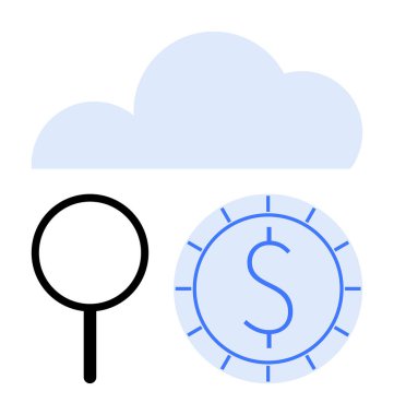 Dolar parasıyla dijital buluta odaklanan büyüteç. Finans, teknoloji, bulut hesaplama, veri araması, yatırım analizi, dijital para birimi, çevrimiçi ekonomi için ideal. Düz basit metafor