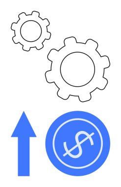 Yukarı doğru oklu dişli mekanizması dolar işaretini işaret ediyor. Finansal büyüme, iş verimliliği, başarı, üretkenlik, ekonomi, yenilik ve yatırım için ideal. Düz basit metafor