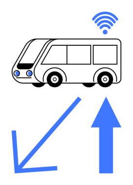 Üzerinde kablosuz ikon bulunan otobüs, yukarı ve aşağı hareket kabiliyetini, yönü ve bağlantıyı sembolize eden oklar eşliğinde. Teknoloji için ideal, akıllı ulaşım, seyahat, kentsel hareketlilik