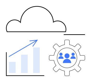Yukarı doğru büyüyen bir ok ve takım ikonlarının olduğu bir çizelgenin üzerinde bulut grafiği. Bulut hesaplama, veri analizi, takım çalışması, büyüme, yenilik, iş akışı, bağlantı için ideal. Düz basit