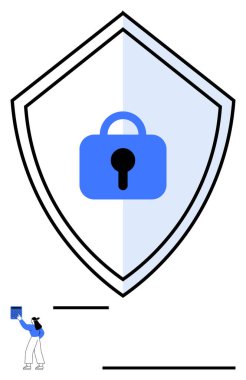 Mavi kilit siber güvenliği yansıtıyor. Bilgiyi sembolize eden kitabı tutan kişi. Güvenlik, gizlilik koruması, şifreleme, dijital güvenlik, siber suç önleme, güven, daire