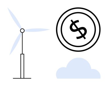 Dönen bıçaklı rüzgar türbini, ekonomik değeri sembolize eden dolar sikkesi ve basit bir fon olarak da bulut. Sürdürülebilirlik, temiz enerji, ekonomi, yatırım, çevre ve yeşil teknoloji için ideal