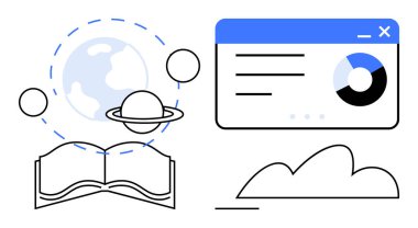 Eğitim ve uzay kavramlarını temsil eden, veri arayüzü ve bulut elementi ile eşleştirilmiş dünya, gezegen ve yörünge simgeleriyle açık bir kitap. Eğitim, teknoloji, araştırma, yenilik ve bilim için ideal