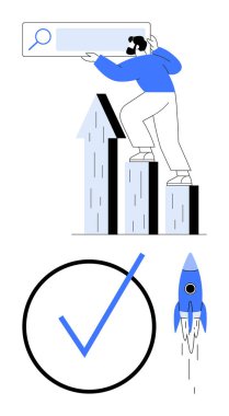 Çubuk grafikte duran kişi arama çubuğu, büyük kontrol işareti ve roket fırlatma. Büyüme, başarı, keşif, yenilik, araştırma işi stratejisi için ideal. Düz basit metafor