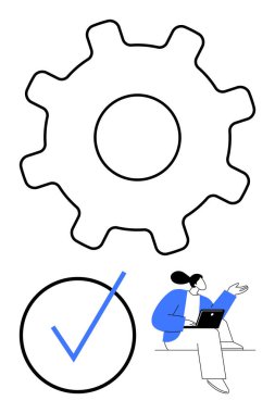 Ayarlar veya verimlilik için vites sembolü, görev tamamlama için kontrol işareti ve iş veya planlama için dizüstü bilgisayarı olan bir kadın. Üretkenlik, iş akışı, proje yönetimi, başarı, takım çalışması için ideal