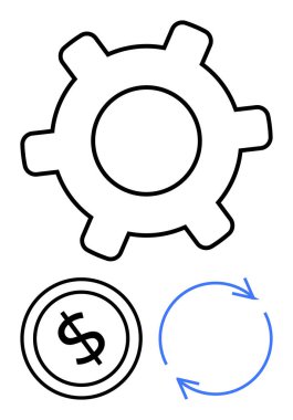 İşlem için vites, para için dolar işareti, geri dönüşüm için oklar. İş, finans, iş akışı, ekonomi, sürdürülebilirlik yenilik otomasyonu için idealdir. Düz basit metafor