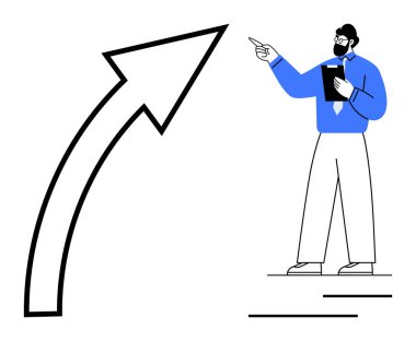 Gözlük takan ve elinde bir pano olan kişi yukarı doğru büyük bir okun işaretini tutuyor. Liderlik, büyüme, başarı, strateji, motivasyon, hedefler ve planlama için ideal. Düz basit metafor