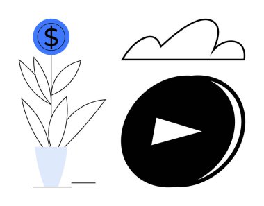 Dolar madeni parası, bulut çizgisi ve finansal büyümeyi, yeniliği, dijital teknolojiyi gösteren büyük oyun düğmesi olan saksı bitkisi. Finans, akış, ilerleme ve bulut depolama yatırımları için ideal