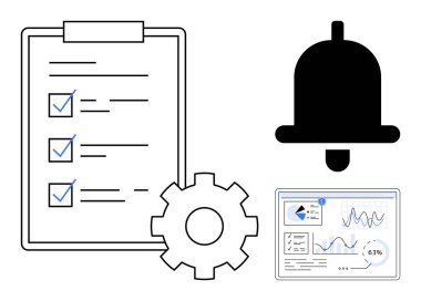 Kontrol işaretli görev listesi, ayarlar için çark, bildirim zili ve grafikli analitik paneli. Görev yönetimi, verimlilik, uyarılar, veri içgörüleri, sistem kurulumu için ideal