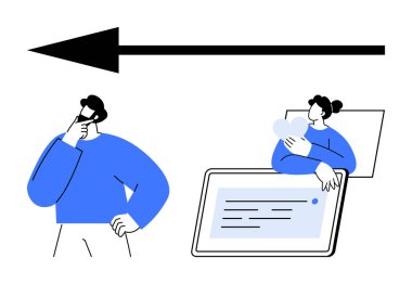 İnsanlar jestlerle ve dijital cihaz etkileşimleriyle temsil edilen fikirleri değiş tokuş ediyorlar, yönü vurgulayan kara ok. Takım çalışması, iletişim, işbirliği, planlama, iş akışı, içerik için ideal