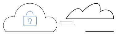 İki bulut çizgisi, birinde asma kilit sembolü var, güvenliği temsil ediyor ve diğeri açık. Veri koruması, çevrimiçi mahremiyet, siber güvenlik, bulut depolama, bilgi güvenliği, dijital