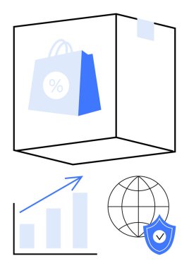Şeffaf kutunun içinde indirimli alışveriş torbası, yükselen eğilimli bar grafiği, kalkan ile dünya. E-ticaret, satış büyümesi, güvenlik, küreselleşme, veri analizi, perakende sektörü için ideal