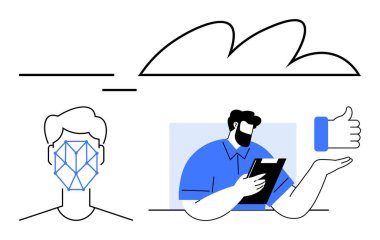 Yüz tanıma taraması, panodaki insan analizi jesti, bulut bağlantısı. Yapay zeka, biyometri, teknik analiz, bulut çözümleri, kullanıcı doğrulama güvenlik dairesi için ideal