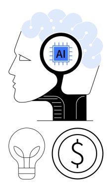 Yapay zeka çipi, bağlı sinir hatları, ampul ve dolar para insan profili teknolojik ilerlemeyi, finansal başarıyı ve yaratıcı yeniliği akla getiriyor. Yapay zeka, teknoloji ve nörobilim için ideal.