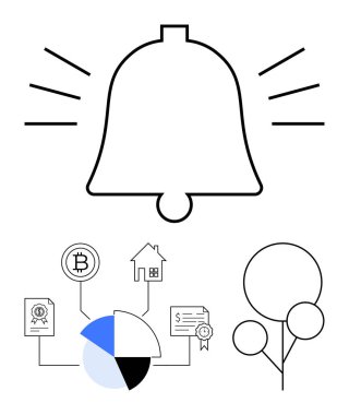 Bir pasta grafiği, Bitcoin, ev, sertifika ve ağaç simgesi ile sinyal yayıyor. Finans, yatırımlar, kripto para birimi emlak çevresi analizcileri için ideal. Düz basit metafor